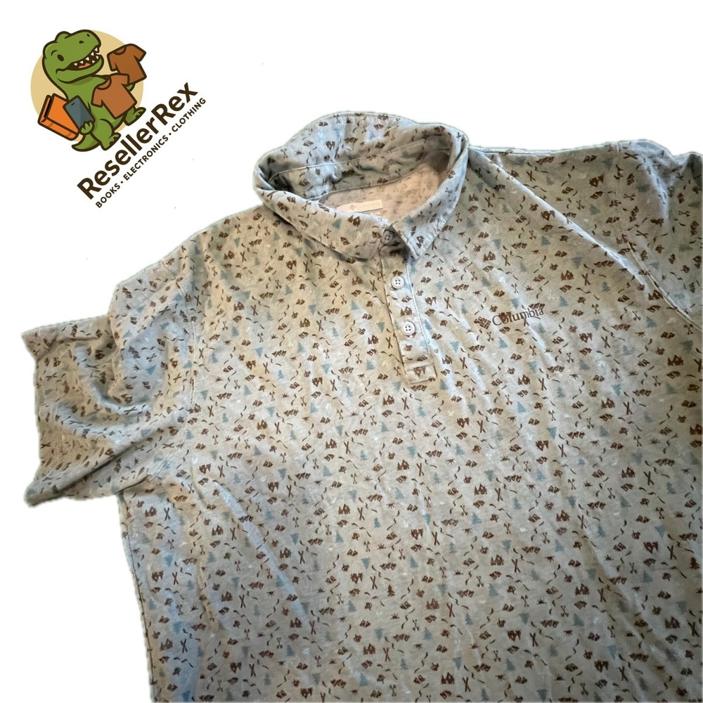 Columbia Men's Short Sleeve Button Up Collared Shirt Nature Print Blue Size L